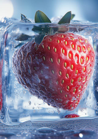 >Eiswürfel mit eingefrorener Erdbeere.